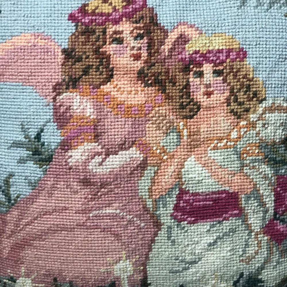 Vintage Needlepoint Angel Sisters 14x14 throw pillow